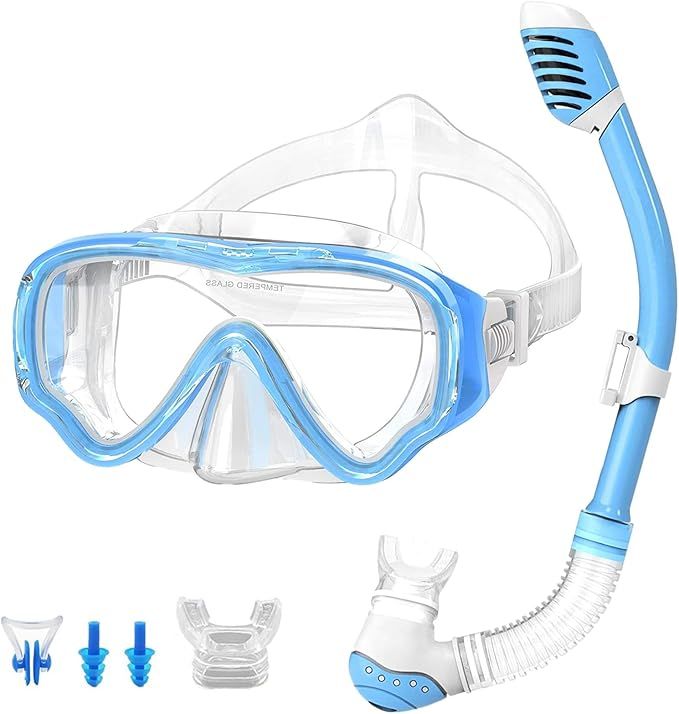 Schnorchelset Kinder, Tauchset Kinder für Kid 4-12 Jahren Anti-Leck Anti-Fog 180° Panorama HD Tauchmaske mit Dry Schnorchel Junge Mädchen, Taucherbrille aus Gehärtetem Glas, ideal für Schnorcheln