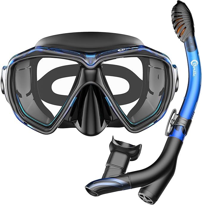 Dorlle Schnorchelset Schnorcheln Set mit Schnorchel und Taucherbrille,wasserdichte Tauchmaske Anti-Fog Anti-Leck aus Gehärtetem Glas,mit 3-Kanal Premium Dry Schnorchel für Erwachsene