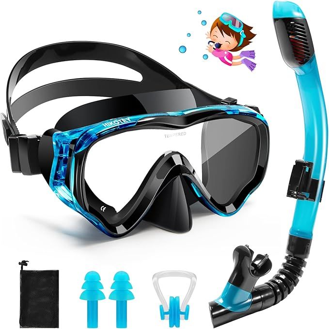 HIKOTEY Schnorchelset Kinder, HIKOTEY Trocken Schnorchelset Kinder Anti-Fog Panorama, Anti-Leck Tauchmaske Dry Schnorchel mit wasserdichte Ohrstöpsel, Schnorcheln Set für Jungen