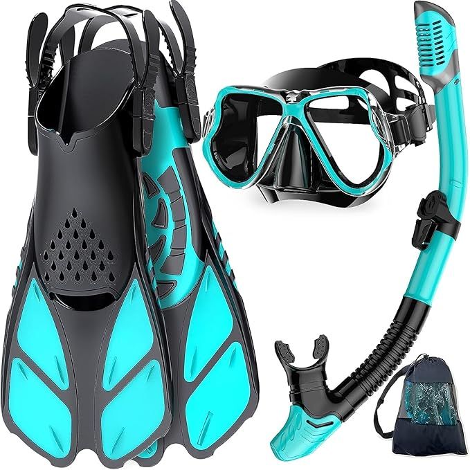 Zenoplige Schnorchelset Erwachsene mit Flossen, Anti-Fog Panorama Taucherbrille, Dry Top Schnorchel und Schwimmflossen, 3 in 1 Schnorchel Set für Schwimmen, Tauchen