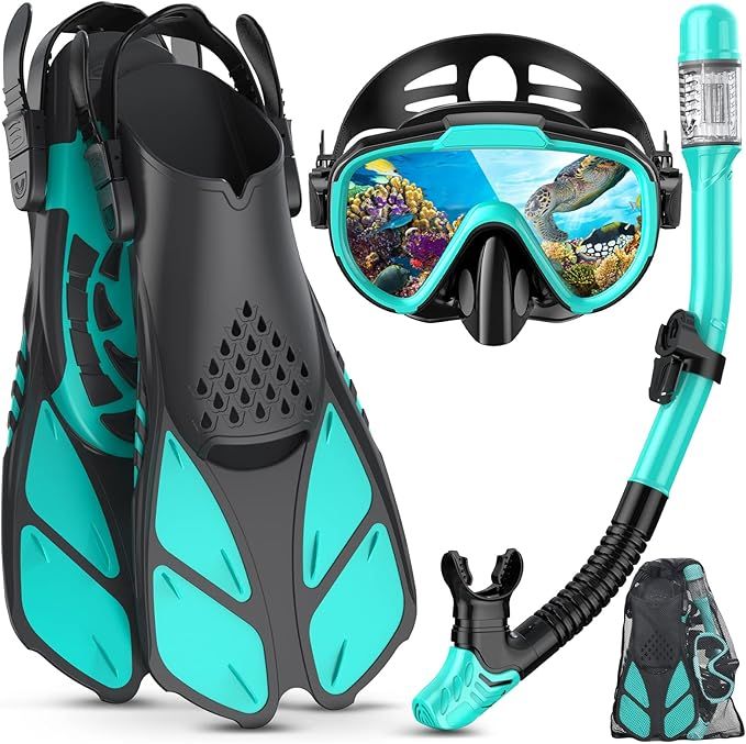 Lealinga Schnorchelset Erwachsene mit Verstellbare Taucherflossen Anti-Leck & Anti-Fog Taucherbrille und Dry Schnorchel, 3 in 1 Professionell Schnorcheln Set für Schnorcheln und Schwimmen