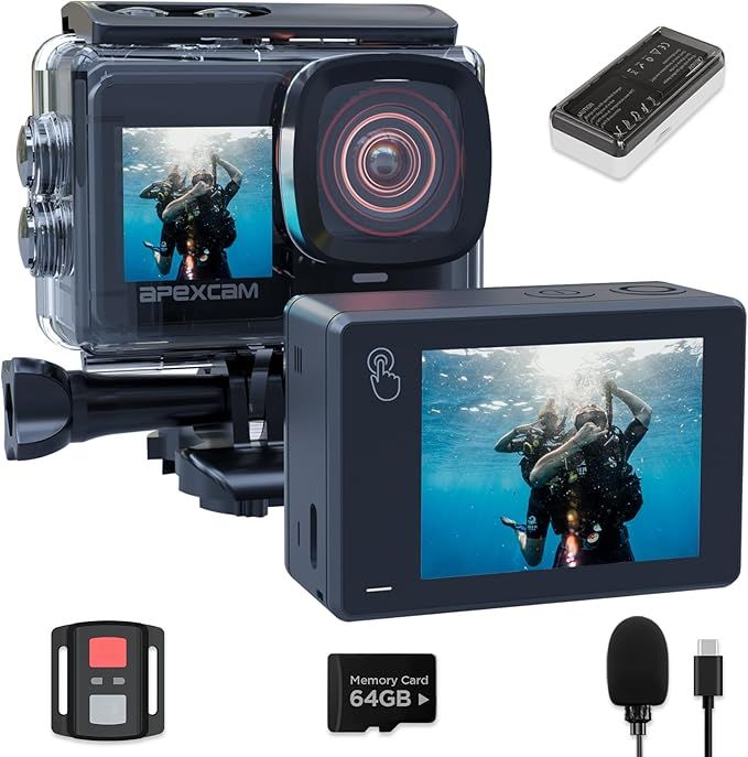 Apexcam X80Pro mit 64G Karte Action Cam 4K60FPS 48MP mit Doppelbildschirme EIS Stabilisierung WiFi Sportkamera Unterwasserkamera 40m Wasserdicht 8X Zoom Fernbedienung 2x1350mAh Akkus mit Zubehör-Set